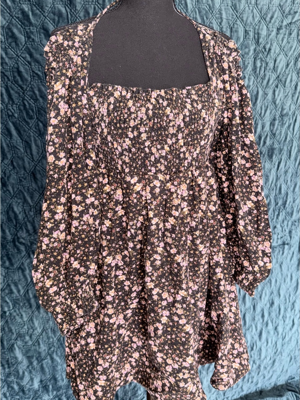 Free People Black Floral Long-Sleeve Smocked Mini Dress